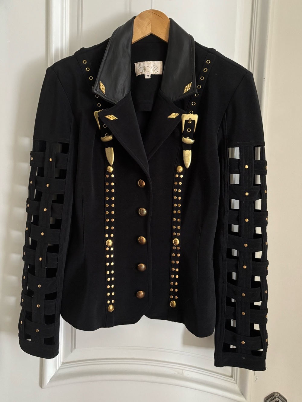 chic Black Jacket with Gold Stud & Cutout Sleeve Details